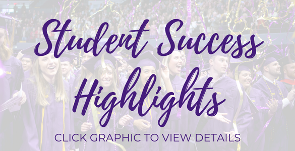 image of students at graduation with white translucent overlay text: "Student Success Highlights, CLICK GRAPHIC TO VIEW DETAILS" 