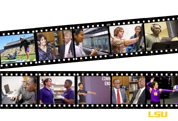 Video film with thumbnail images of YouTube videos featuring LSU students. gold LSU logo in the bottom right hand corner.