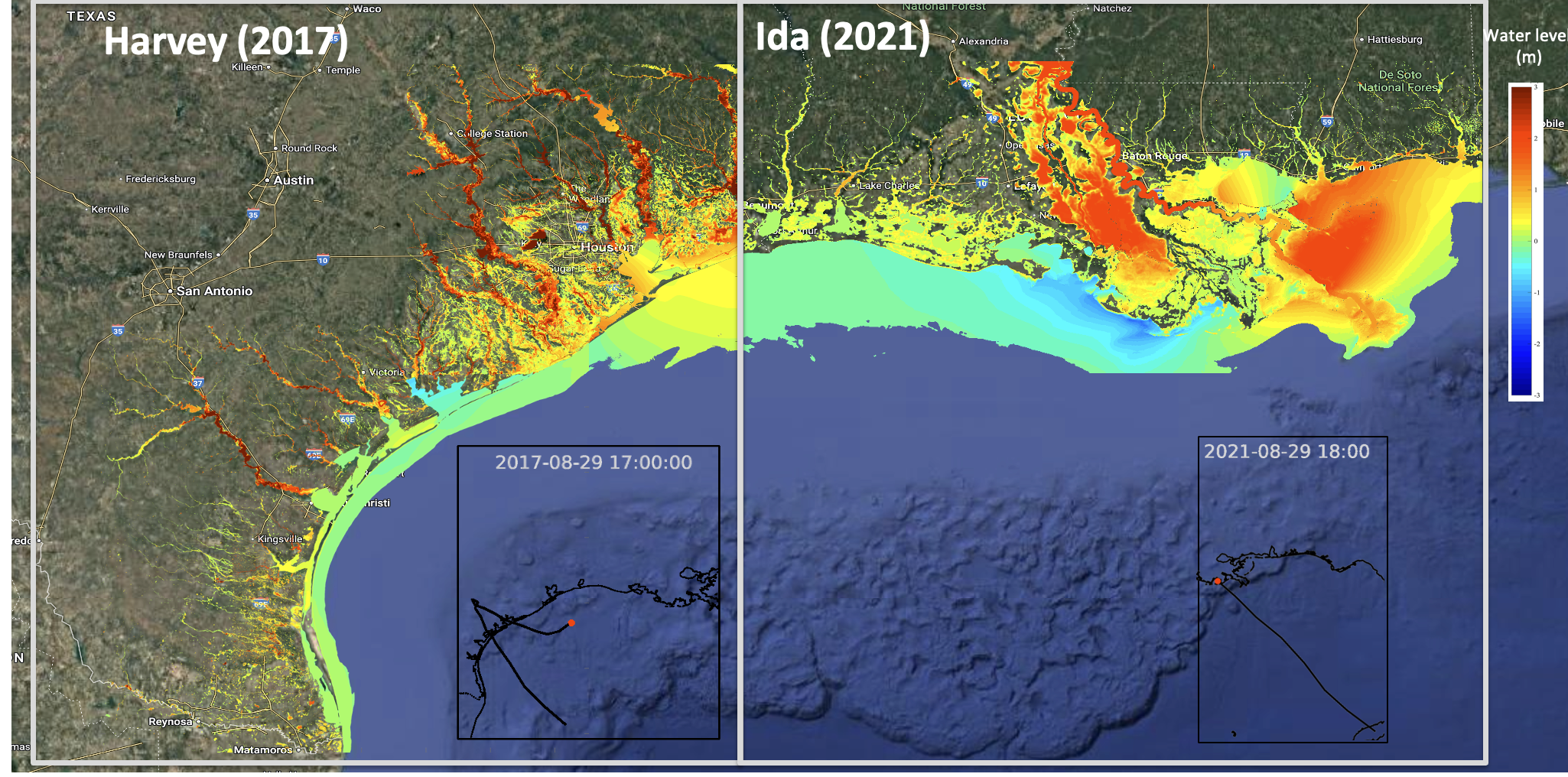 On the left, a visual representation of flooding water levels (highest water levels in red) along the Gulf Coast near Houston during Hurricane Harvey in 2017. On the right, a visual presentation of flooding water levels along the Louisiana coastline during Hurricane Ida in 2021.