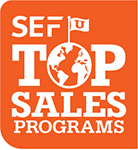 An orange and white logo that denotes the program has been honored by the Sales Education Foundation