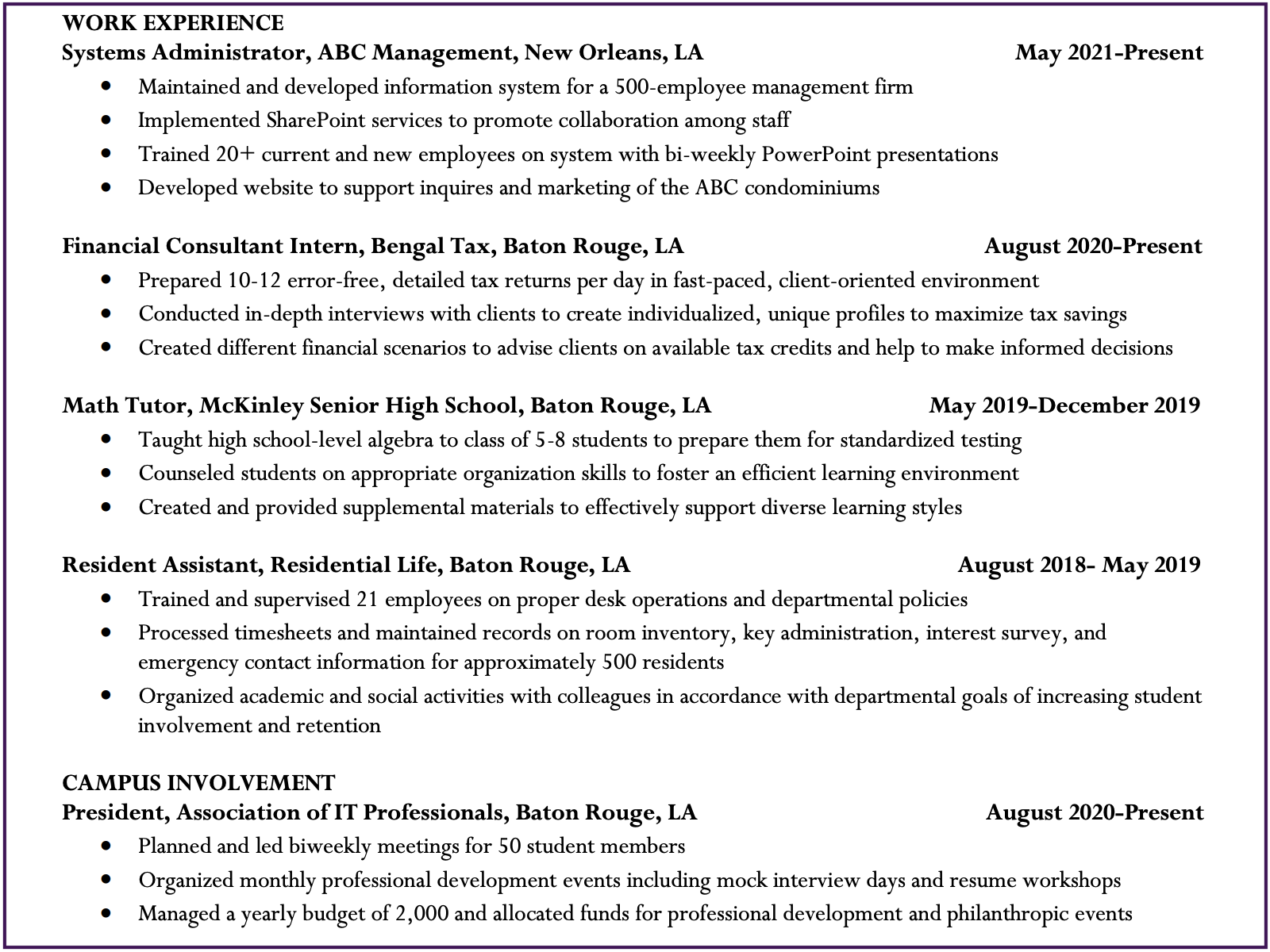 resume experience section