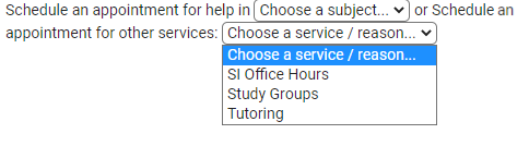 Example of the Schedule an appointment for other serivces drop-down containing Tutoring, Supplemental Instruction Office Hours, and Study Groups