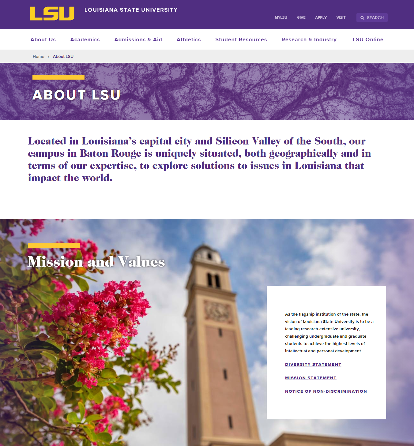 screen shot of lsu website