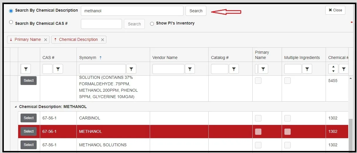 Page shows the chemical description section, with an arrow highlighted at the search tab.