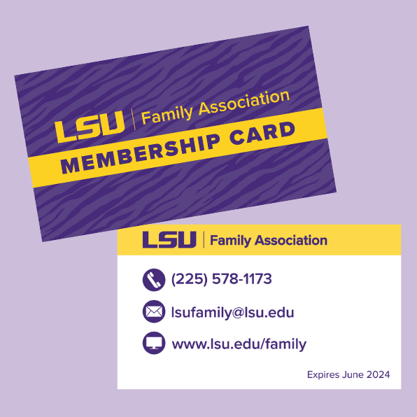 membership card with Parent & Family Programs phone number, email, and website 225-578-1173, lsufamily@lsu.edu, and www.lsu.edu/family