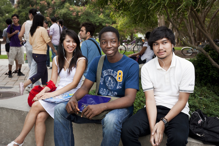 international students on bench