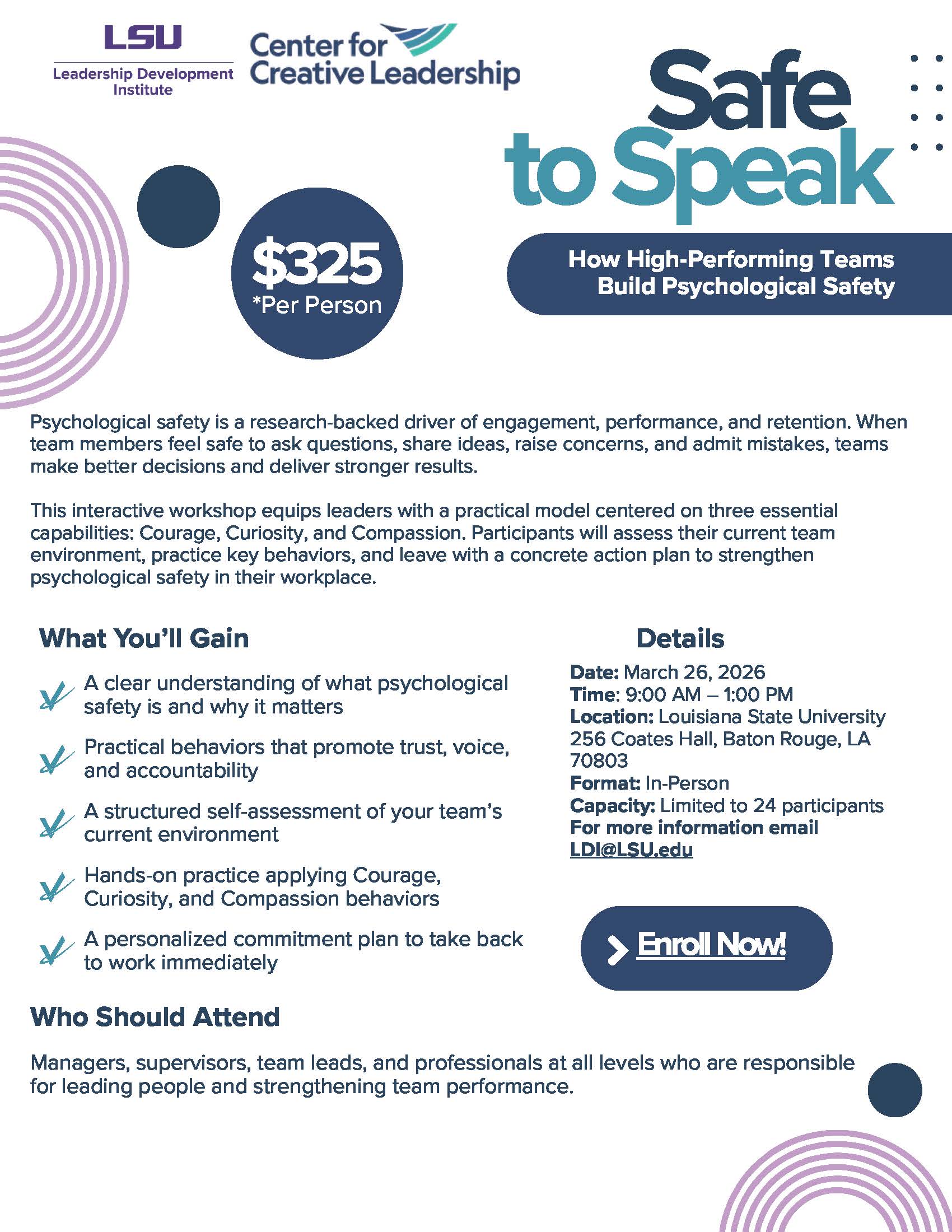 Safe To Speak Flyer - for more information, email LDI@LSU.edu