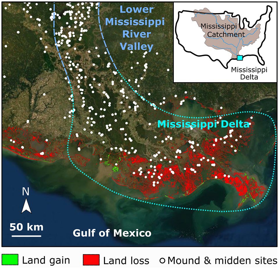 Mound sites affected by coastal landloss