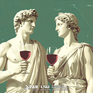 Civic Sips Two greek statues holding wine glasses. This is a promotional image for Civic Sips